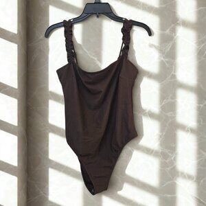Brown Ribbed Bodysuit 🤎 Sleek Fit with Ruffle Straps, Effortless Style